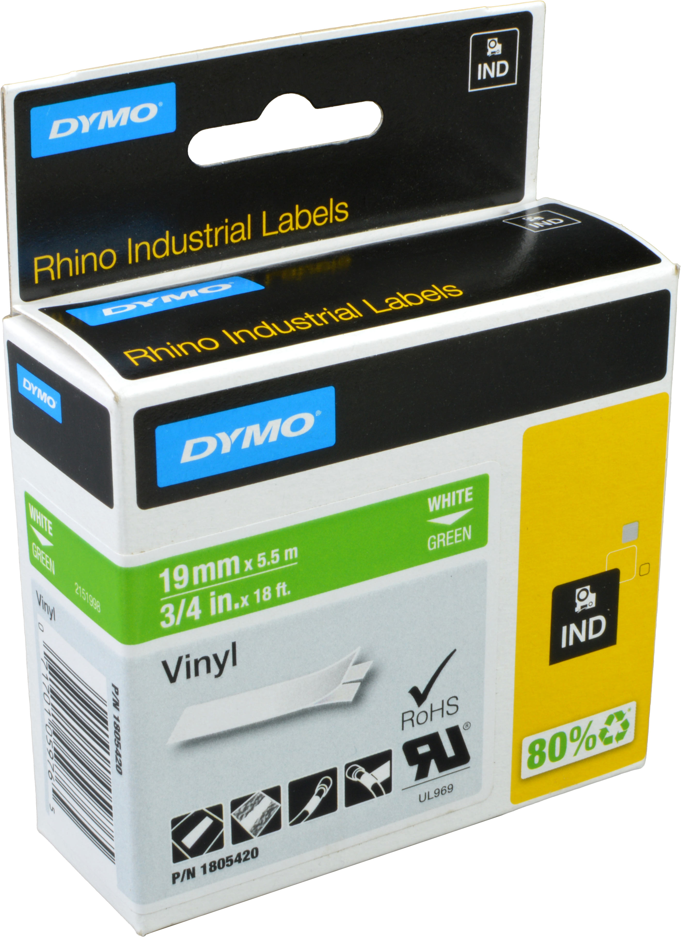 Dymo Label Band IND 1805420 weiß auf grün 19mm x 5,5m Vinyl