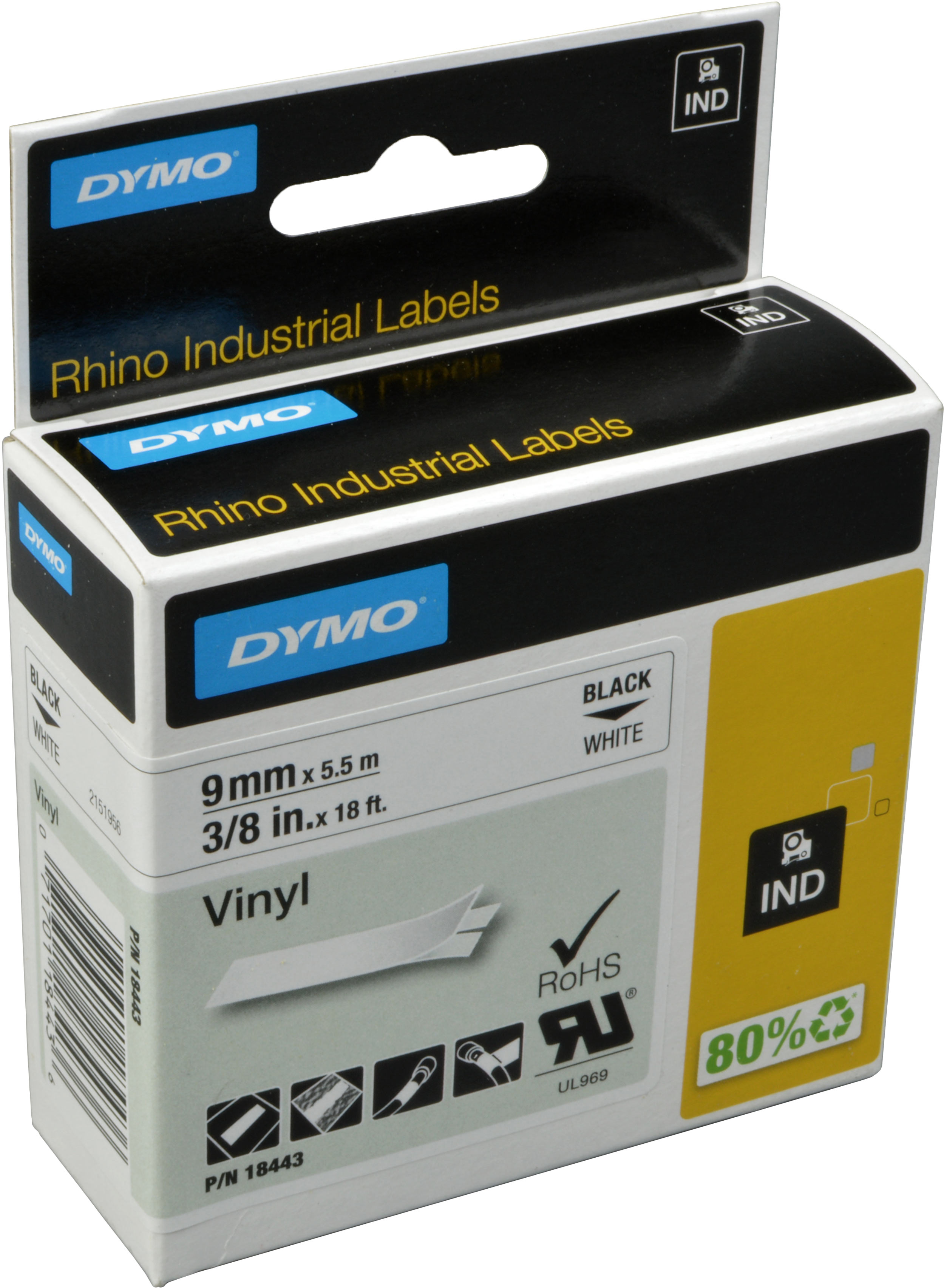 Dymo Label Band IND 18443 (S0718580) schwarz auf weiß 9mm x 5,5m Vinyl