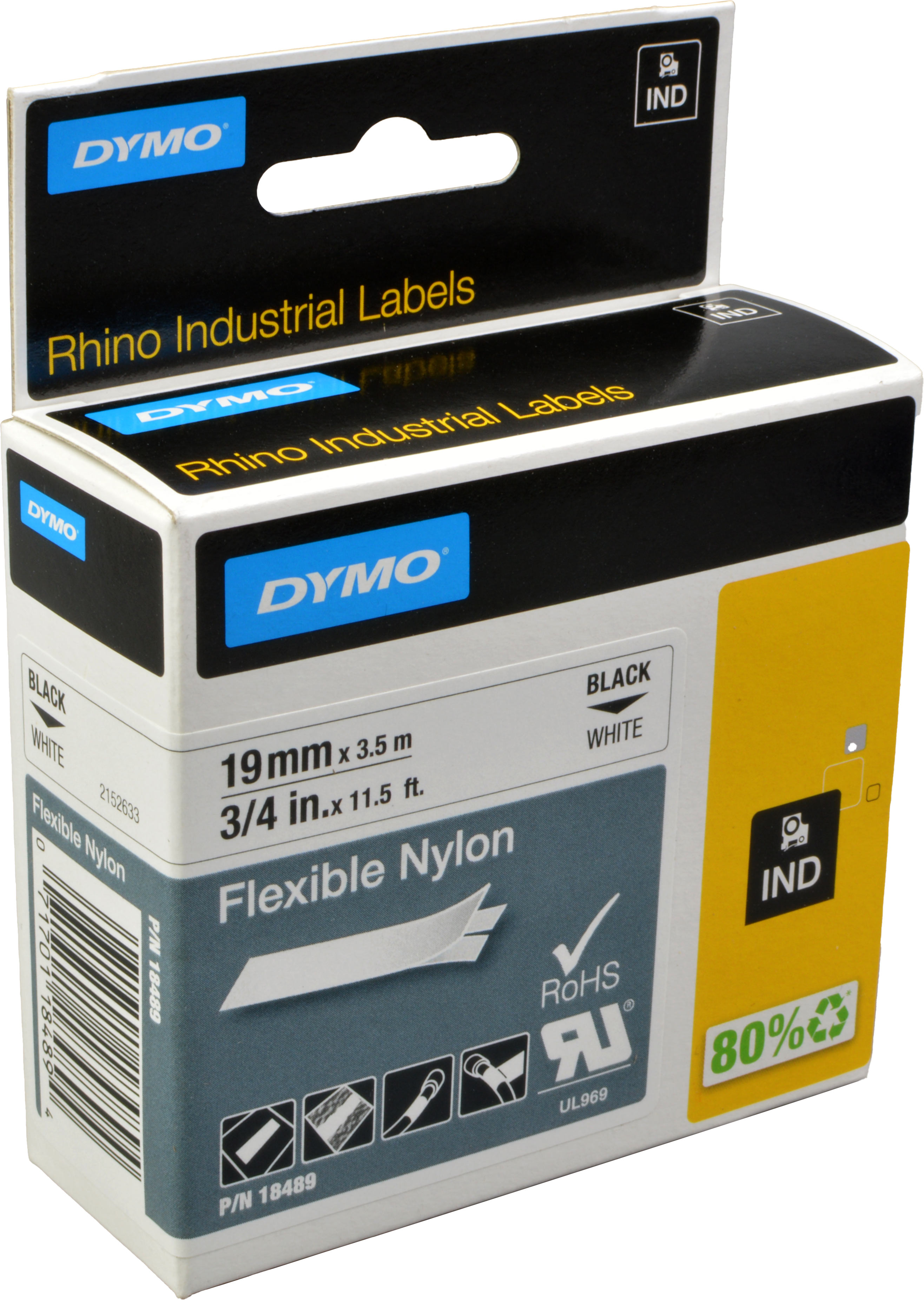 Dymo Originalband 18489  schwarz auf weiß  19mm x 3,5m  Nylon flexibel