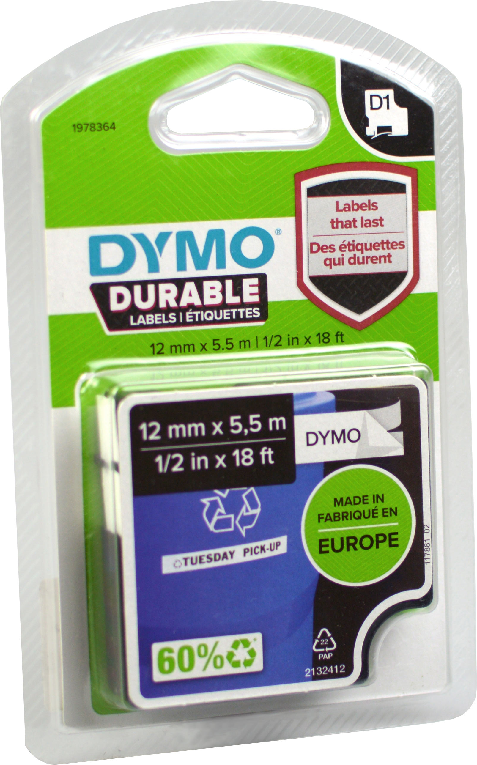 Dymo Label Band D1 1978364 schwarz auf weiß 12mm x 5,5m