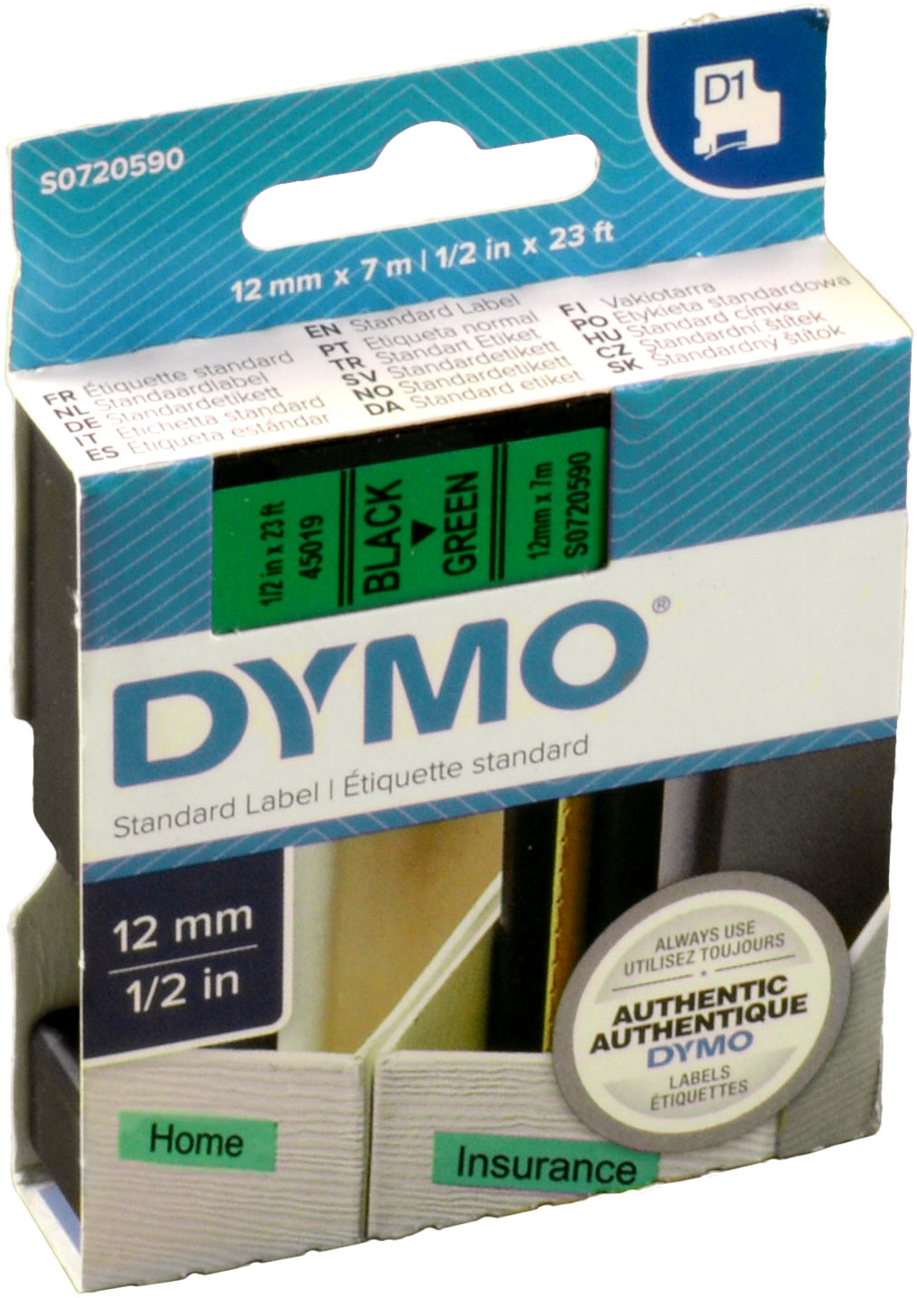 Dymo Originalband 45019  schwarz auf grün  12mm x 7m