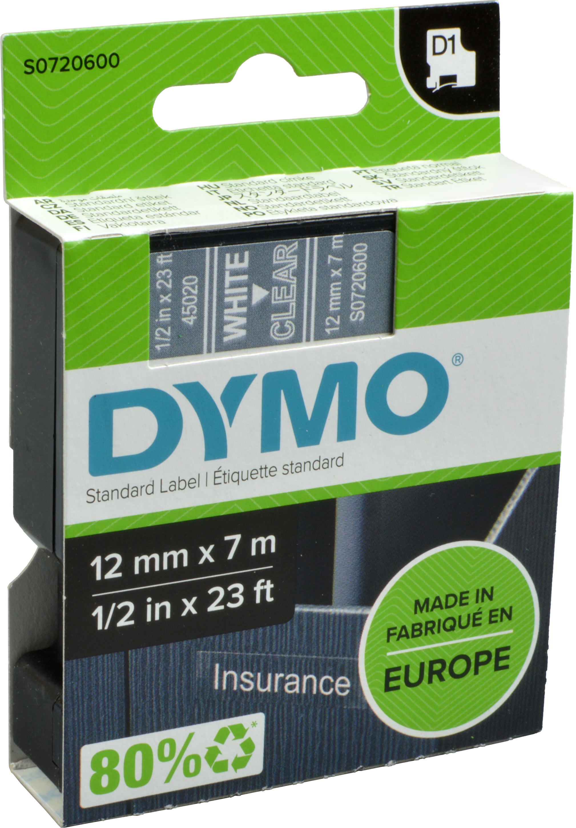 Dymo Originalband 45020  weiß auf transparent  12mm x 7m