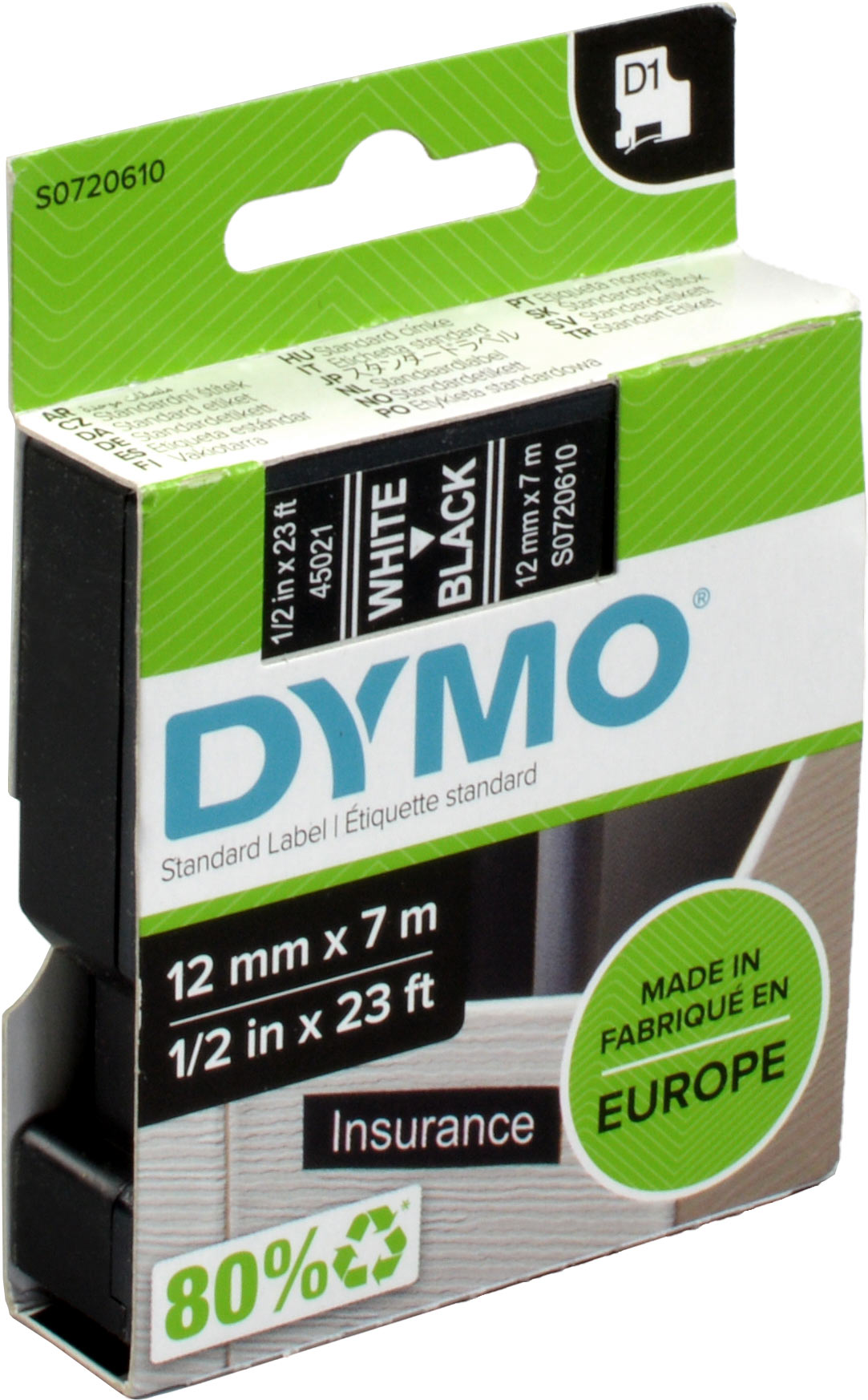 Dymo Label Band D1 45021 (S0720610) weiß auf schwarz  12mm x 7m