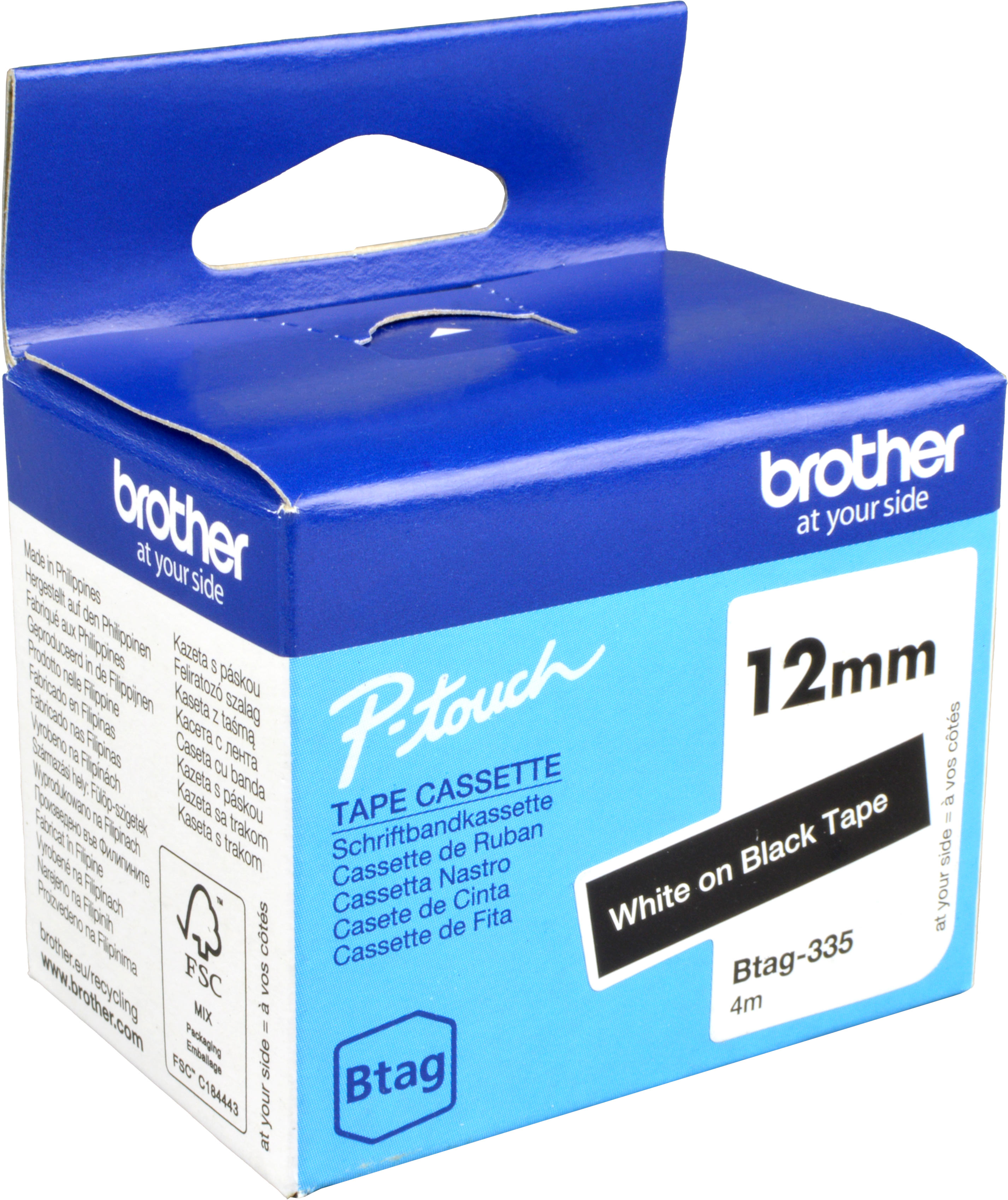 Originalband Brother Btag-335 12mm x 4m weiß auf schwarz nicht