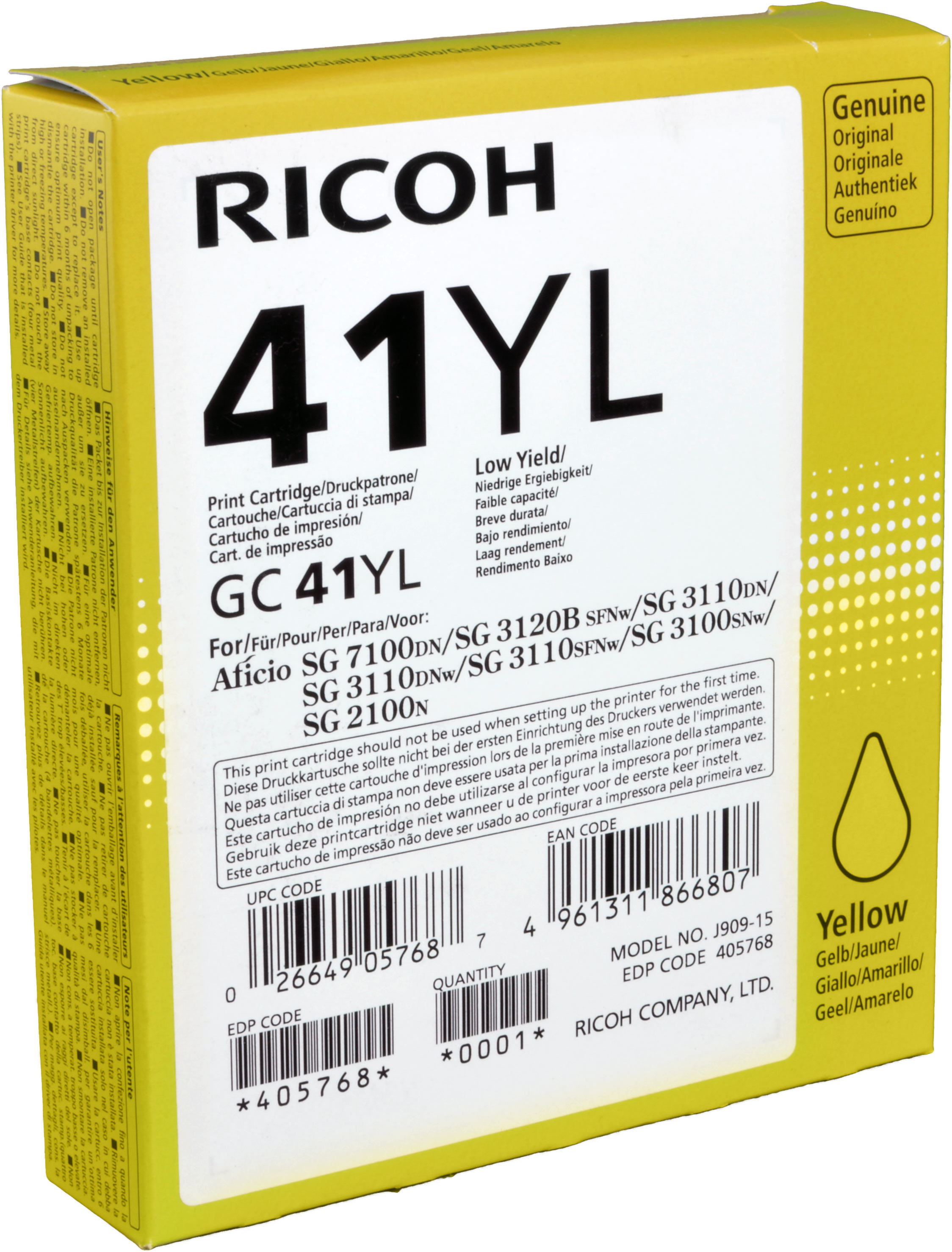 Ricoh Gel Cartridge 405768 GC-41YL  yellow OEM