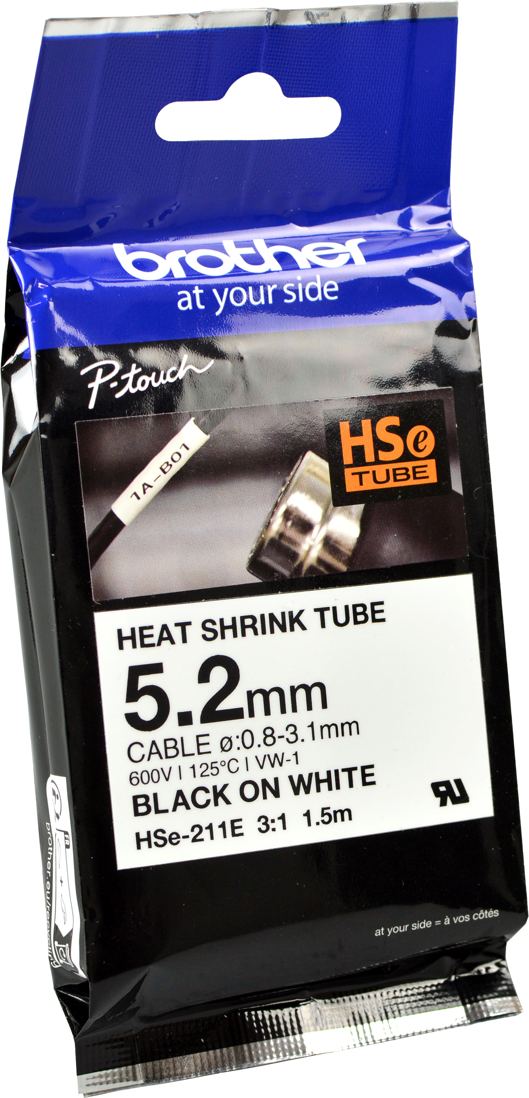 Brother P-Touch Schrumpfschlauch HSe-211E  schwarz auf weiß  5,2mm x