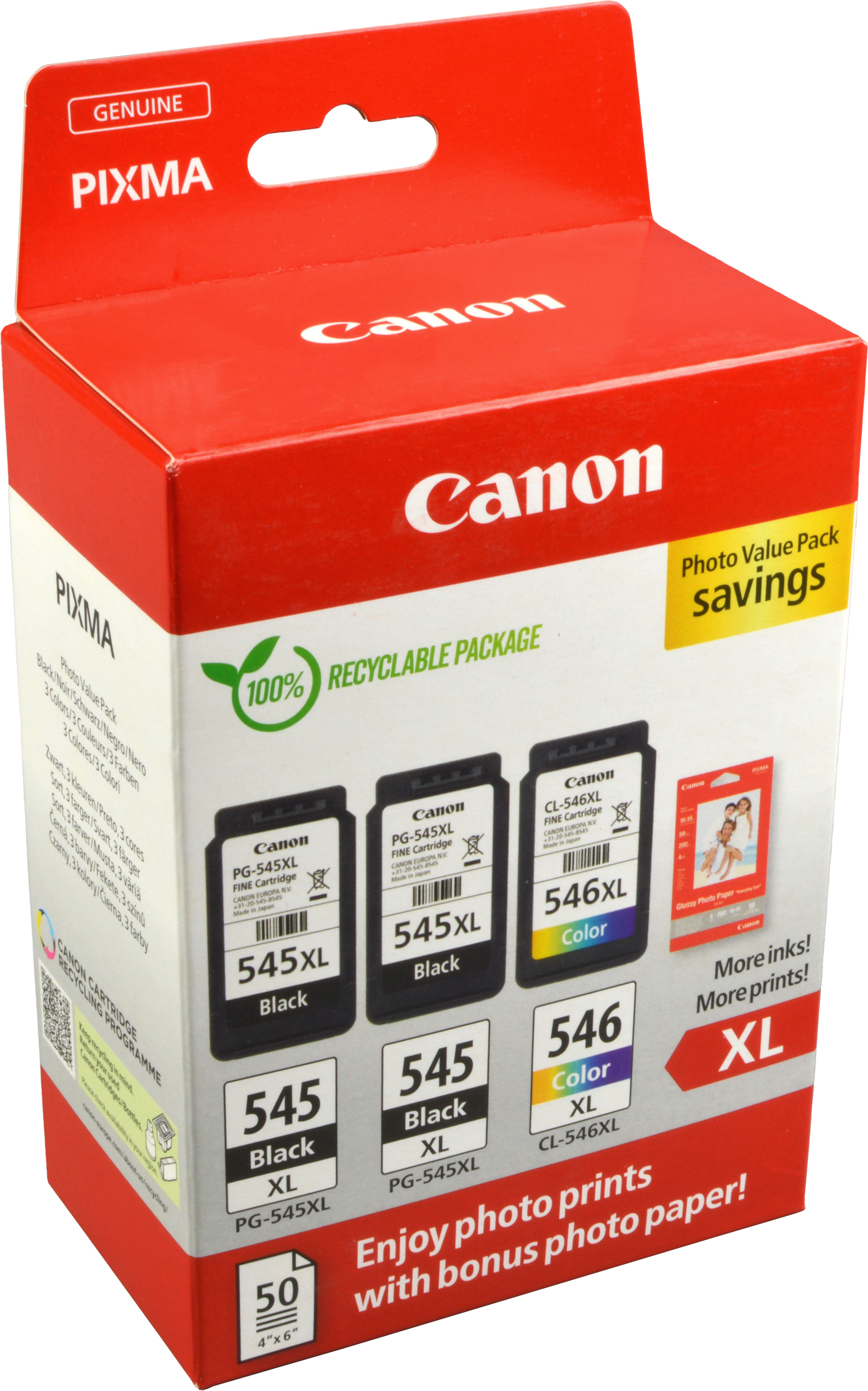 3 Canon Tinten 8286B015 Photo Value Pack 2 x PG-545XL + 1 x CL-546XL