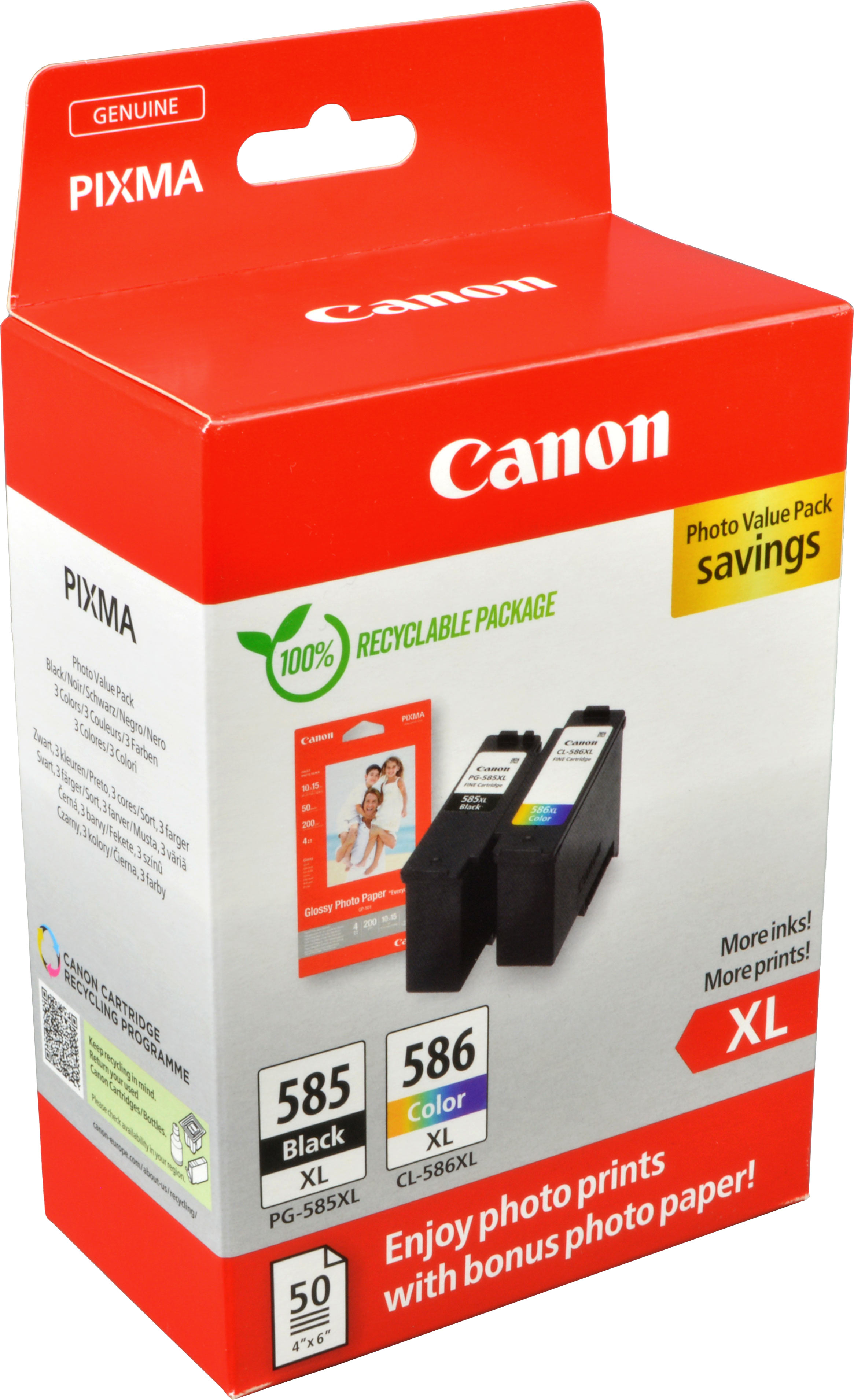 2 Canon Tinten 6204C005 PG-585XL + CL-586XL Doppelpack KCMY + Papier