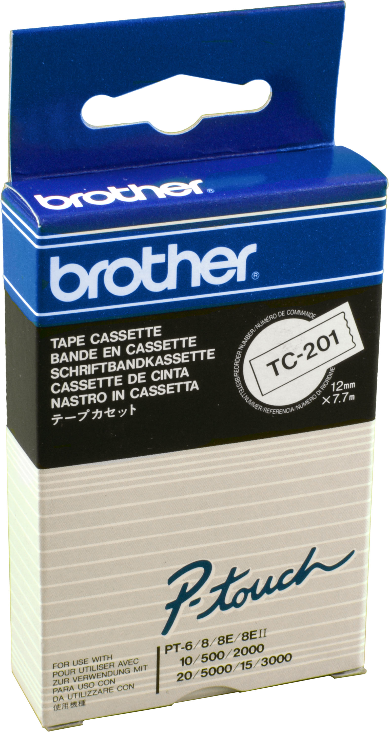 Brother P-Touch Band TC-201  schwarz auf weiß  12mm / 7,7m  laminiert