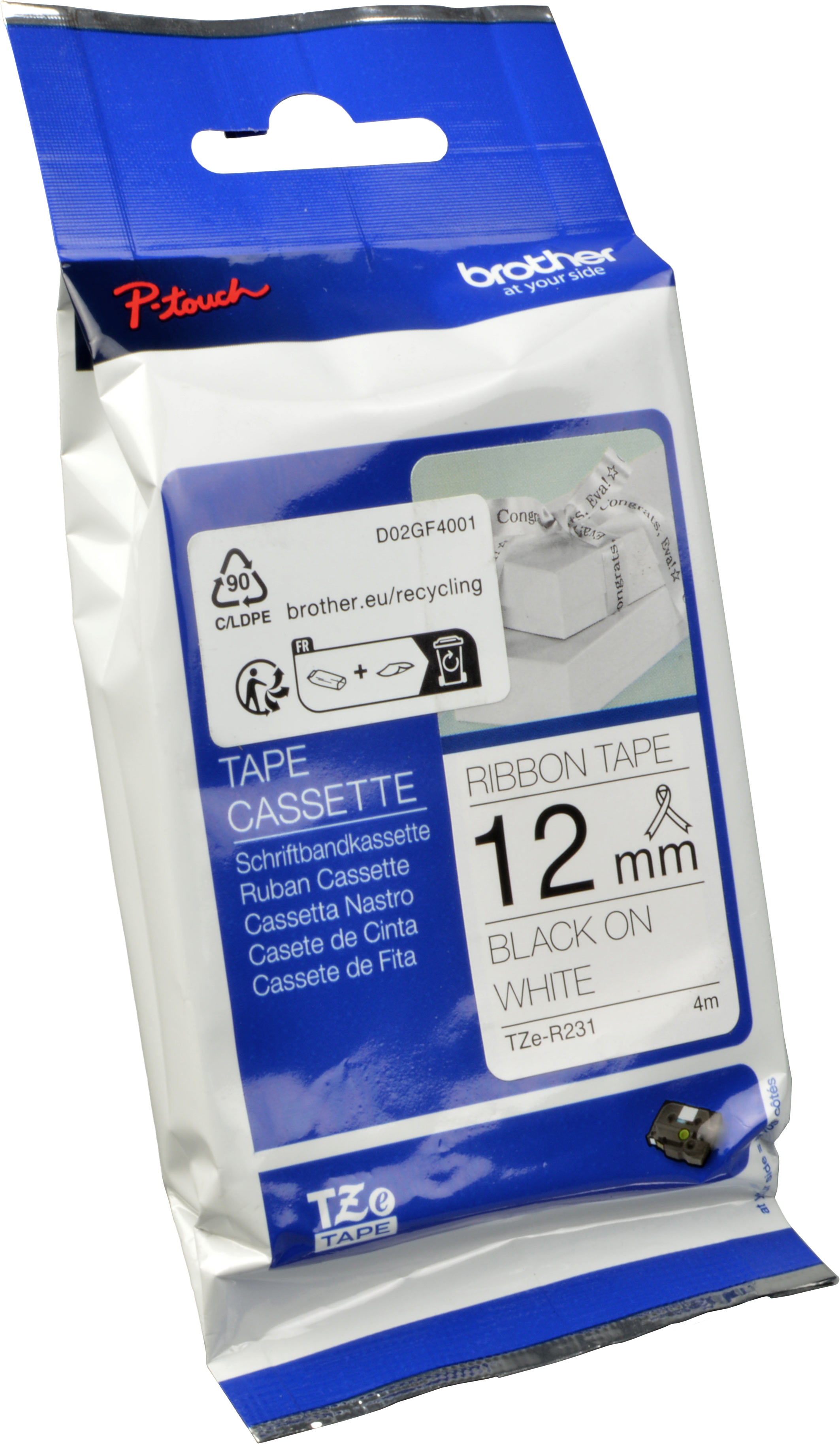 Brother P-Touch Band TZe-R231 schwarz auf textil weiß 12mm x 4m