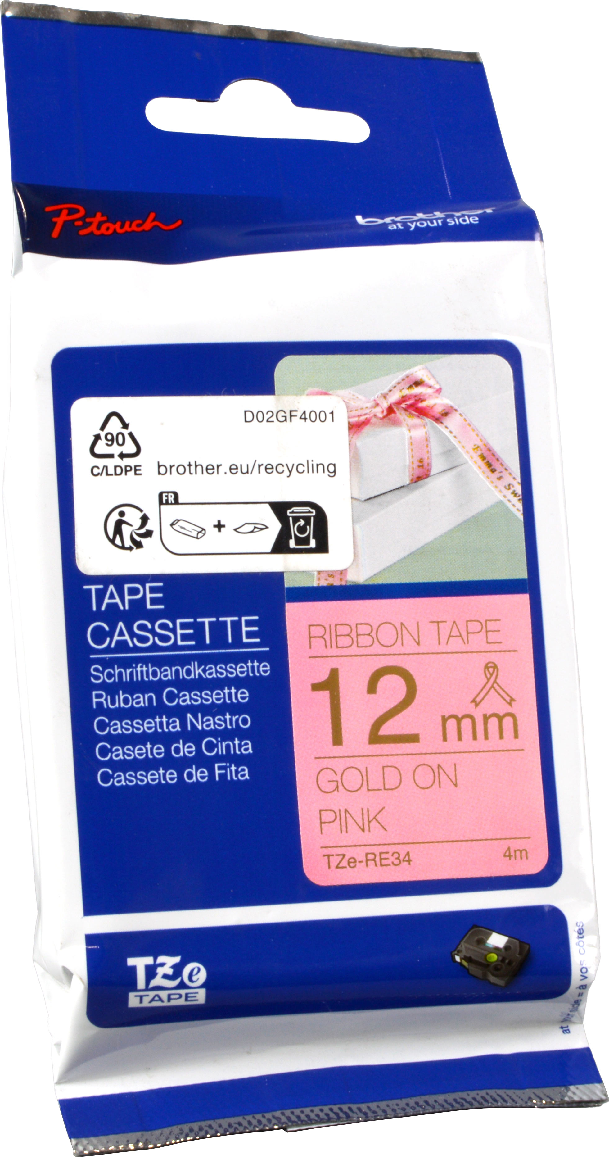 Brother P-Touch Band TZe-RE34  gold auf textil rosa  12mm / 4m