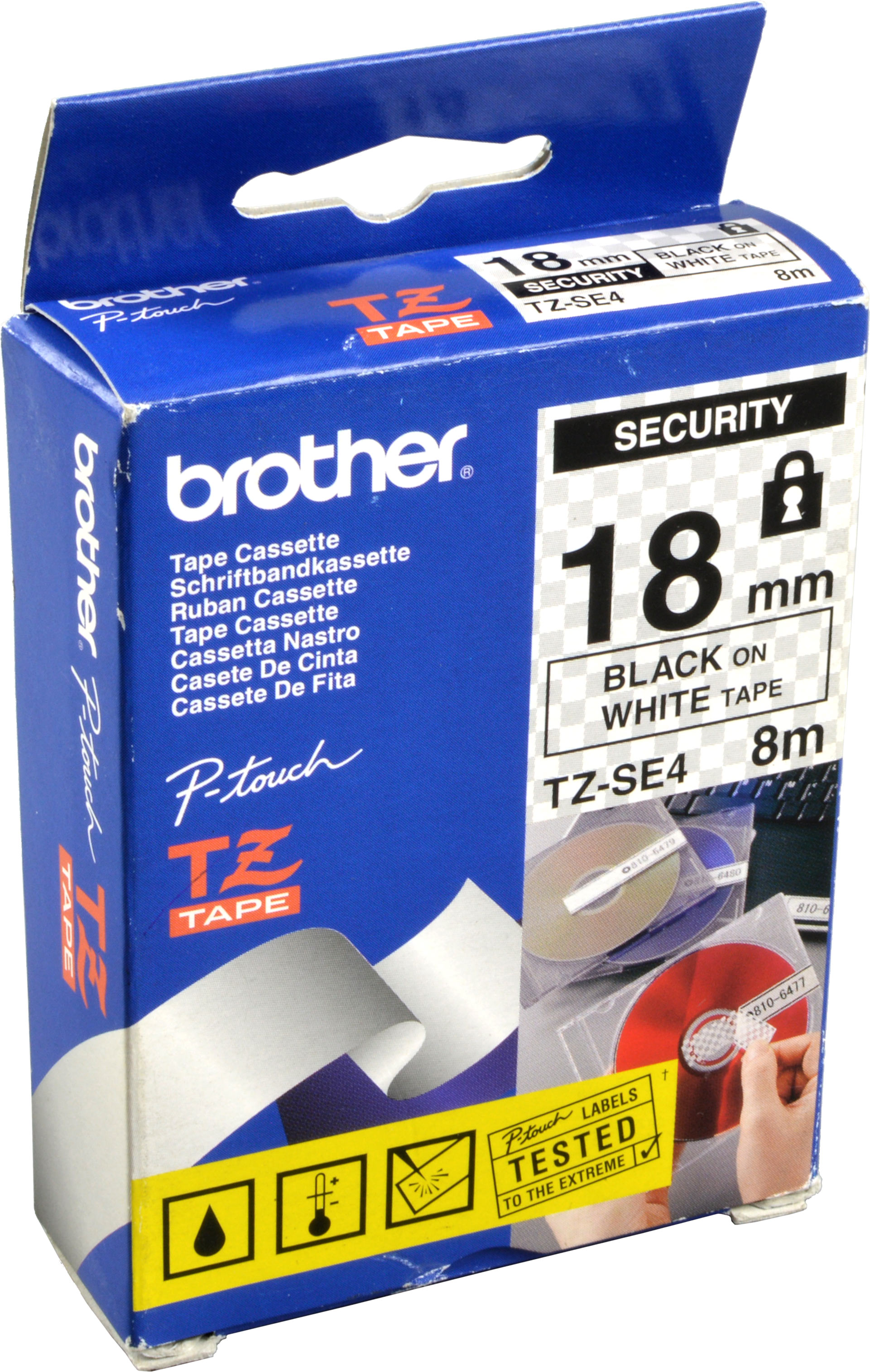 Brother P-Touch Band TZe-SE4  schwarz auf weiß  18mm / 8m  laminiert